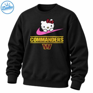 White cartoon cat with burgundy bow over a pink swoosh, gold COMMANDERS text, and burgundy W emblem