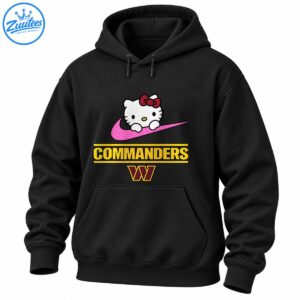 White cartoon cat with burgundy bow over a pink swoosh, gold COMMANDERS text, and burgundy W emblem