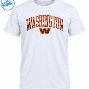 Washington arched orange and brown camouflage lettering above a distressed burgundy W emblem with a gold outline