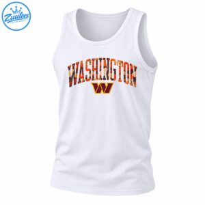 Washington arched orange and brown camouflage lettering above a distressed burgundy W emblem with a gold outline