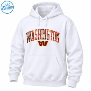 Washington arched orange and brown camouflage lettering above a distressed burgundy W emblem with a gold outline