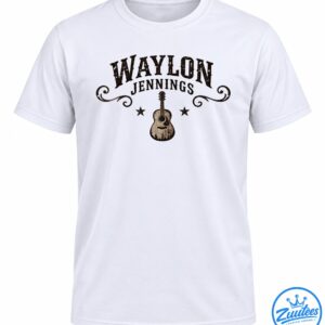 Waylon Jennings graphic with distressed brown lettering, ornate flourishes, two stars, and a vintage acoustic guitar.