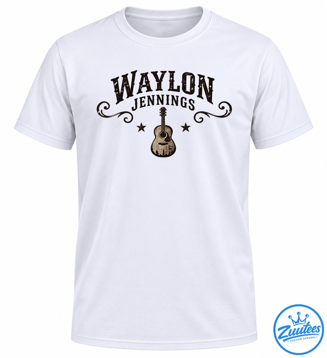 Waylon Jennings Outlaw Heart Country Roots Shirt Waylon Jennings graphic with distressed brown lettering, ornate flourishes, two stars, and a vintage acoustic guitar.