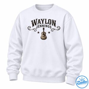 Waylon Jennings graphic with distressed brown lettering, ornate flourishes, two stars, and a vintage acoustic guitar.