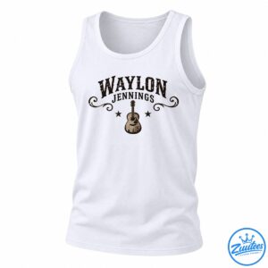 Waylon Jennings graphic with distressed brown lettering, ornate flourishes, two stars, and a vintage acoustic guitar.