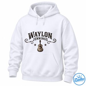 Waylon Jennings graphic with distressed brown lettering, ornate flourishes, two stars, and a vintage acoustic guitar.