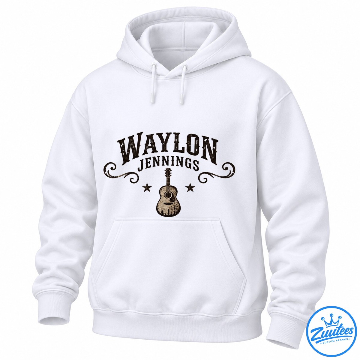 Waylon Jennings Outlaw Heart Country Roots Shirt Waylon Jennings graphic with distressed brown lettering, ornate flourishes, two stars, and a vintage acoustic guitar.