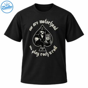 Motörhead rock shirt design with gothic lettering, three musician portraits, an ace of spades, and a skull emblem
