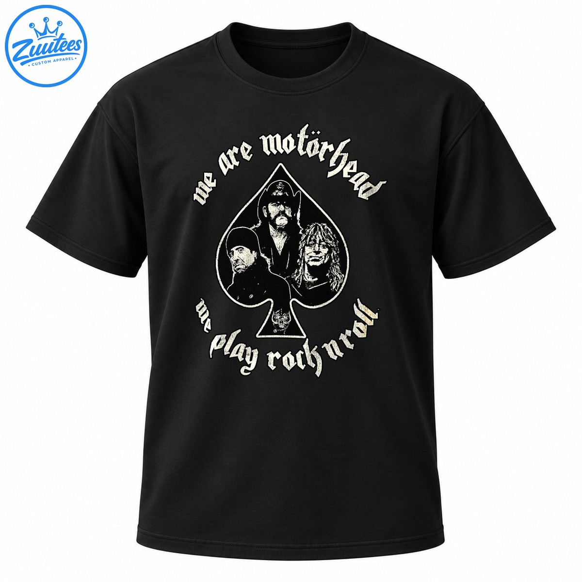 Motörhead rock shirt design with gothic lettering, three musician portraits, an ace of spades, and a skull emblem Motörhead rock shirt design with gothic lettering, three musician portraits, an ace of spades, and a skull emblem