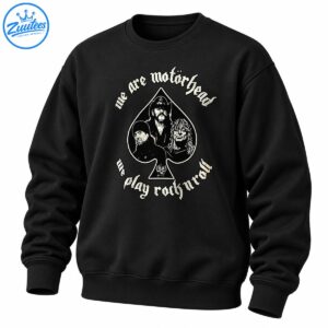 Motörhead rock shirt design with gothic lettering, three musician portraits, an ace of spades, and a skull emblem