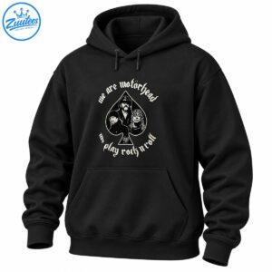 Motörhead rock shirt design with gothic lettering, three musician portraits, an ace of spades, and a skull emblem