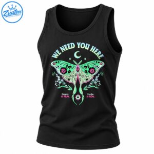 Mint green and pink luna moth shirt with crescent moon, floral branches, and We Need You Here, Hope Is Real, Help Is Real text