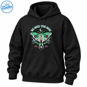 Mint green and pink luna moth shirt with crescent moon, floral branches, and We Need You Here, Hope Is Real, Help Is Real text