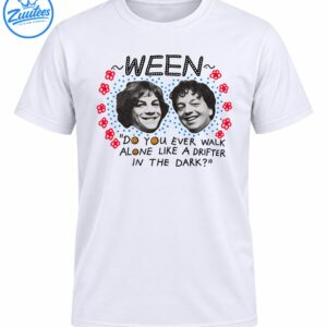 Ween graphic shirt with two black-and-white portraits, red flowers, blue dots, smiley faces, and Drifter in the Dark text