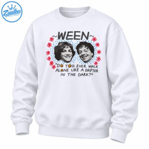 Ween graphic shirt with two black-and-white portraits, red flowers, blue dots, smiley faces, and Drifter in the Dark text