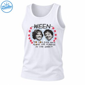 Ween graphic shirt with two black-and-white portraits, red flowers, blue dots, smiley faces, and Drifter in the Dark text