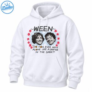 Ween graphic shirt with two black-and-white portraits, red flowers, blue dots, smiley faces, and Drifter in the Dark text