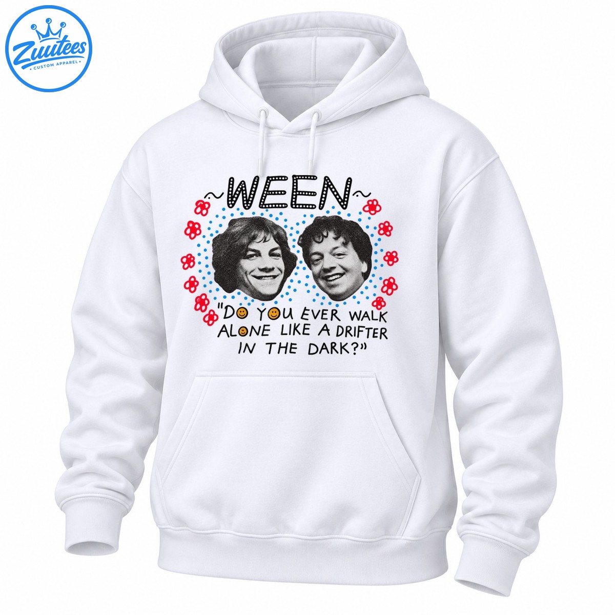 Ween graphic shirt with two black and white portraits, red flowers, blue dots, smiley faces, and Drifter in the Dark text Ween graphic shirt with two black-and-white portraits, red flowers, blue dots, smiley faces, and Drifter in the Dark text