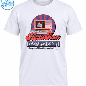 Retro computer camp shirt design with a pink vintage computer, purple and coral sunburst, Kurtis Town lettering, and computer humor.