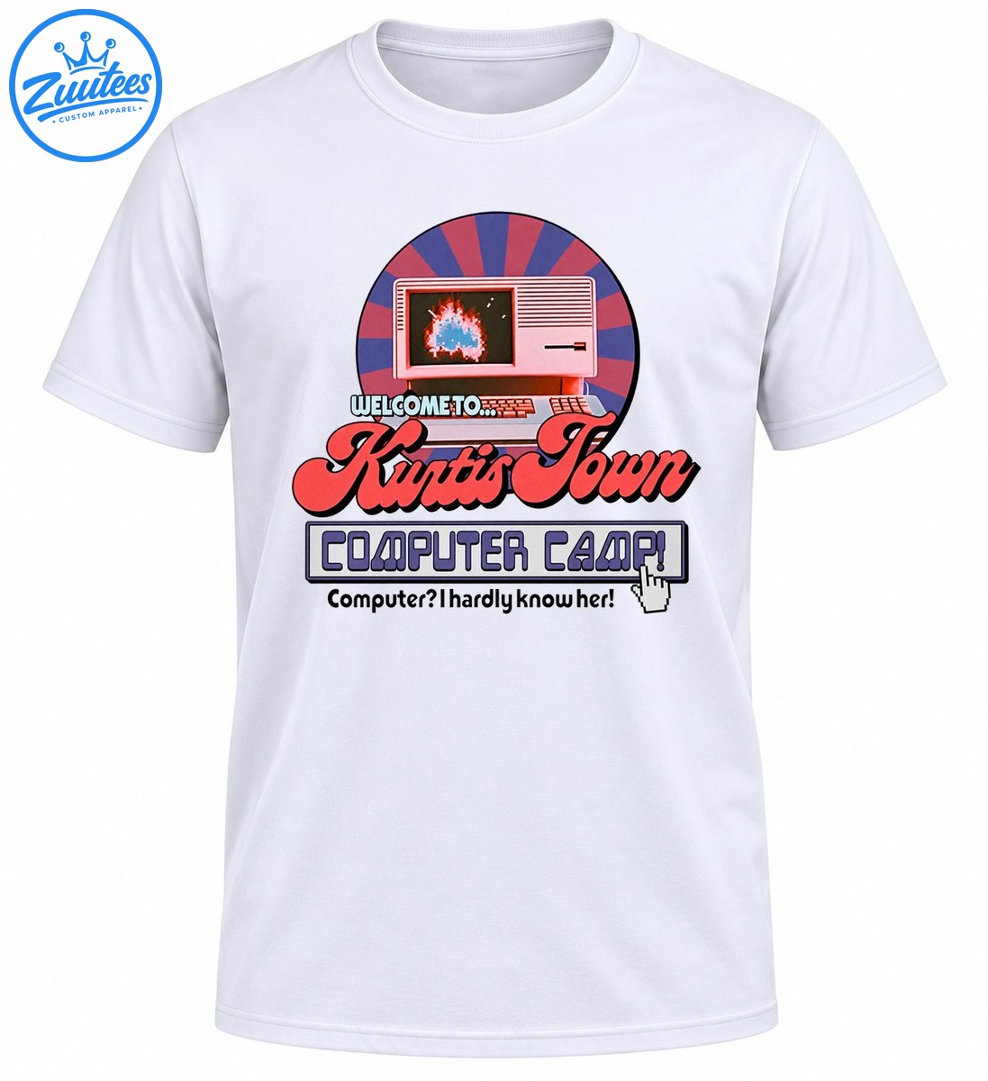 Retro computer camp shirt design with a pink vintage computer, purple and coral sunburst, Kurtis Town lettering, and computer humor. Retro computer camp shirt design with a pink vintage computer, purple and coral sunburst, Kurtis Town lettering, and computer humor.