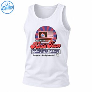 Retro computer camp shirt design with a pink vintage computer, purple and coral sunburst, Kurtis Town lettering, and computer humor.