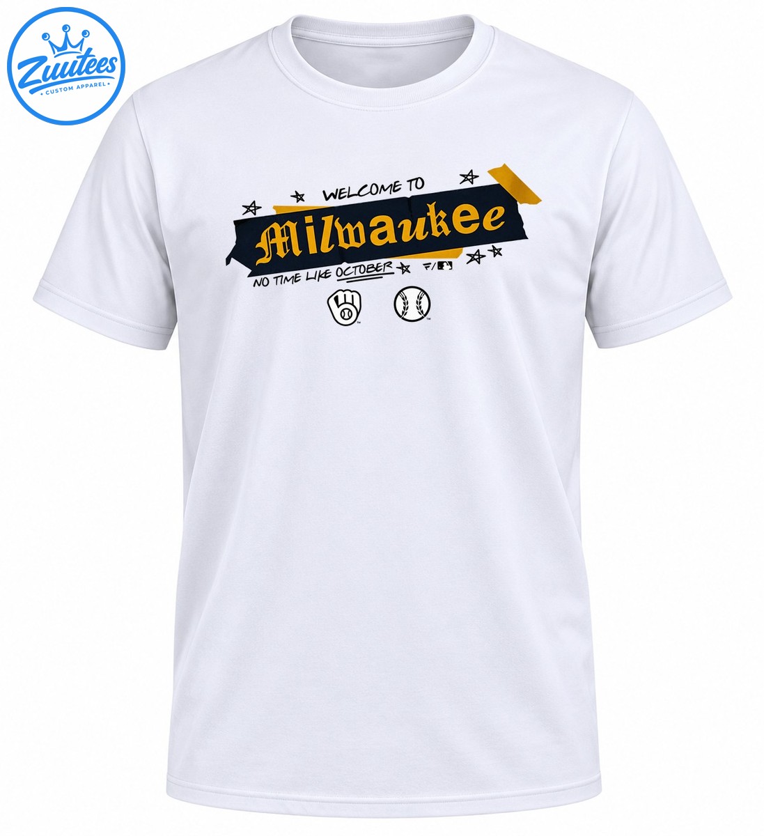 Milwaukee October baseball shirt design with gold Gothic lettering, navy banner, stars, glove, and baseball graphics Milwaukee October baseball shirt design with gold Gothic lettering, navy banner, stars, glove, and baseball graphics
