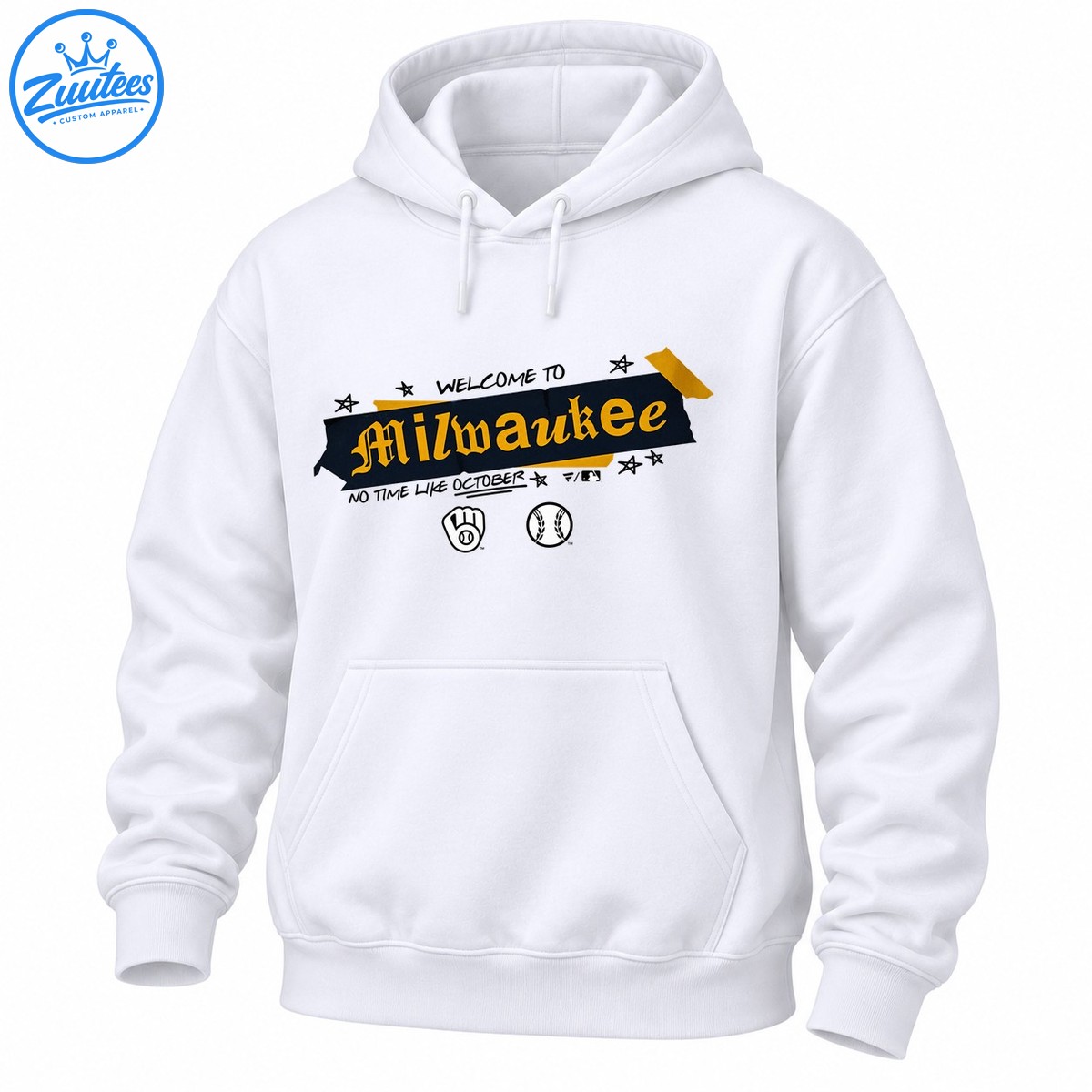 Milwaukee October baseball shirt design with gold Gothic lettering, navy banner, stars, glove, and baseball graphics Milwaukee October baseball shirt design with gold Gothic lettering, navy banner, stars, glove, and baseball graphics