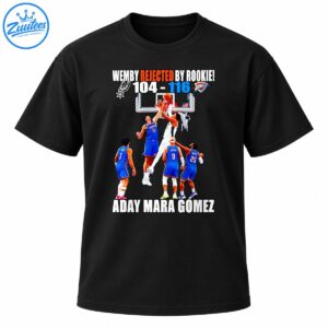 Wemby Rejected By Rookie Aday Mara Gómez basketball graphic with Spurs vs OKC logos, 104-116 score and block scene