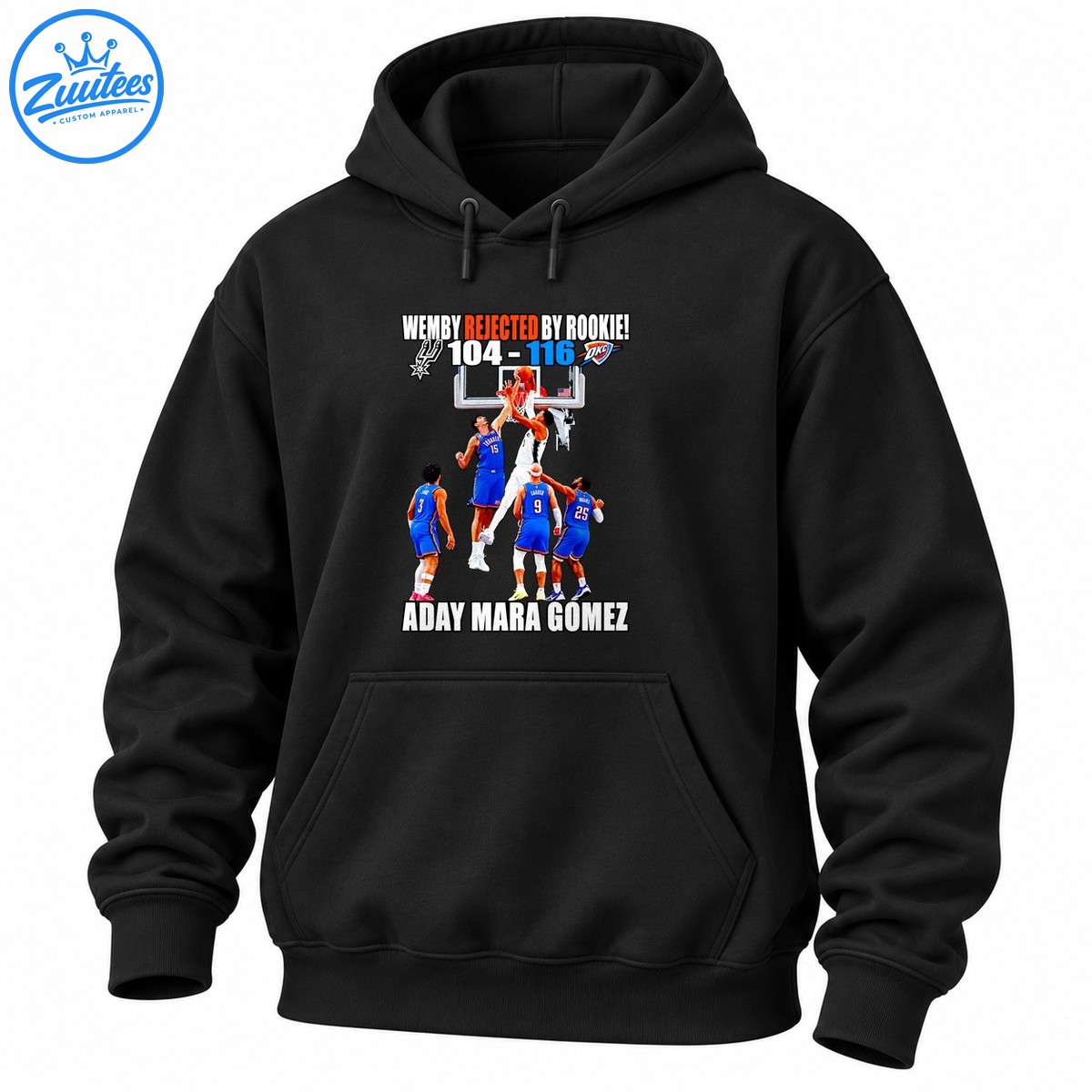 Wemby Rejected By Rookie Aday Mara Gómez basketball graphic with Spurs vs OKC logos, 104 116 score and block scene Wemby Rejected By Rookie Aday Mara Gómez basketball graphic with Spurs vs OKC logos, 104-116 score and block scene