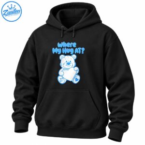 Where My Hug At blue bubble lettering above a cute white teddy bear holding a heart with XO and blue heart paws