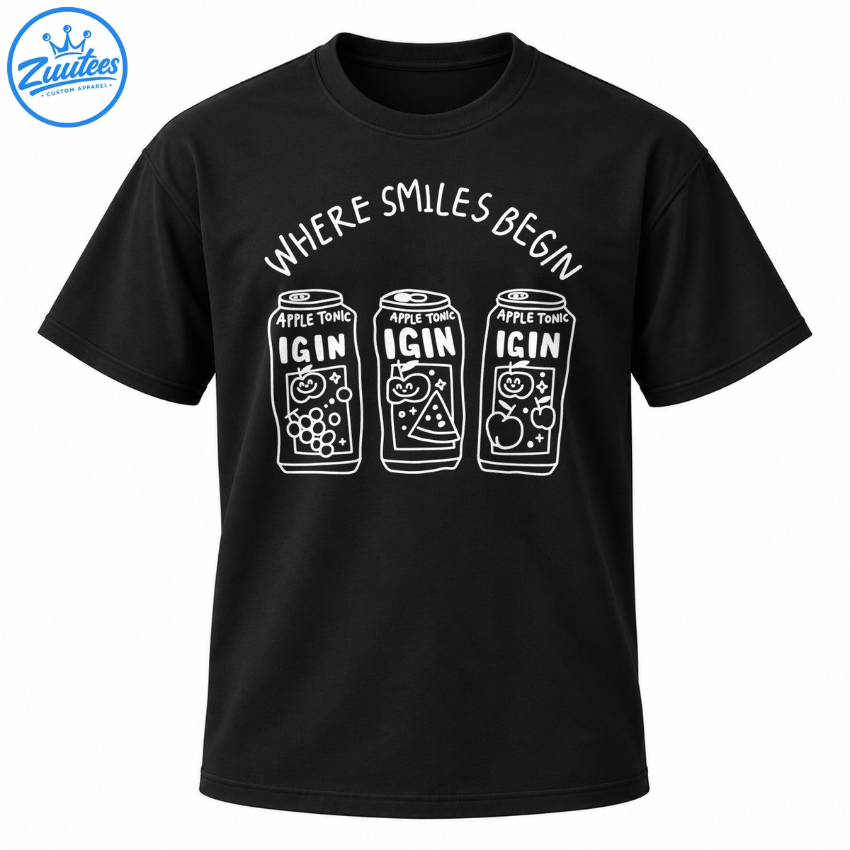 Where Smiles Begin Igin Apple Tonic graphic with three white hand drawn cans and playful fruit doodles Where Smiles Begin Igin Apple Tonic graphic with three white hand-drawn cans and playful fruit doodles
