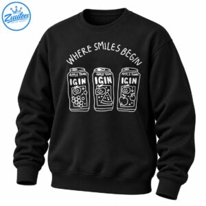 Where Smiles Begin Igin Apple Tonic graphic with three white hand-drawn cans and playful fruit doodles