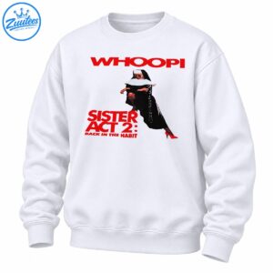 Whoopi Goldberg in a black nun's habit, sunglasses, and red heels with red Sister Act 2 Back in the Habit lettering