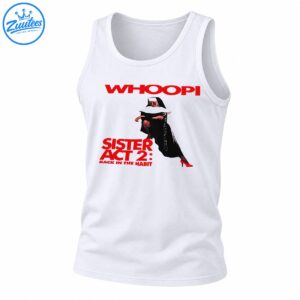Whoopi Goldberg in a black nun's habit, sunglasses, and red heels with red Sister Act 2 Back in the Habit lettering