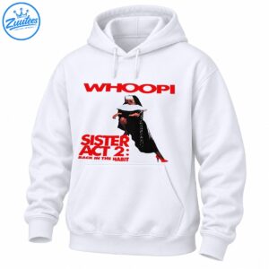 Whoopi Goldberg in a black nun's habit, sunglasses, and red heels with red Sister Act 2 Back in the Habit lettering