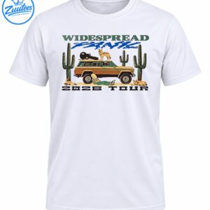 Widespread Panic 2026 Tour graphic with a vintage SUV, guitar case, coyote, desert cacti, and earthy retro artwork