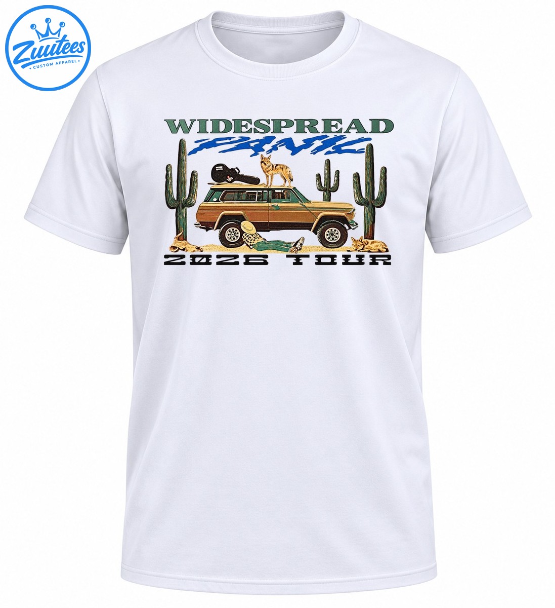 Widespread Panic 2026 Tour graphic with a vintage SUV, guitar case, coyote, desert cacti, and earthy retro artwork Widespread Panic 2026 Tour graphic with a vintage SUV, guitar case, coyote, desert cacti, and earthy retro artwork