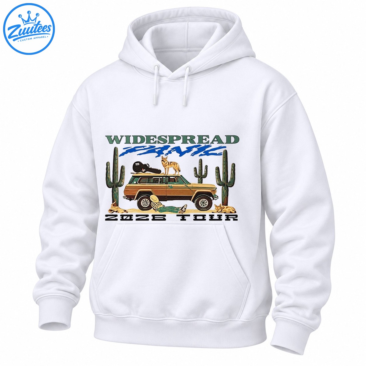 Widespread Panic 2026 Tour graphic with a vintage SUV, guitar case, coyote, desert cacti, and earthy retro artwork Widespread Panic 2026 Tour graphic with a vintage SUV, guitar case, coyote, desert cacti, and earthy retro artwork