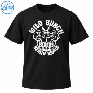 Wild Bunch Blacks Health World bodybuilding shirt with white flexing muscular character graphic and bold curved lettering