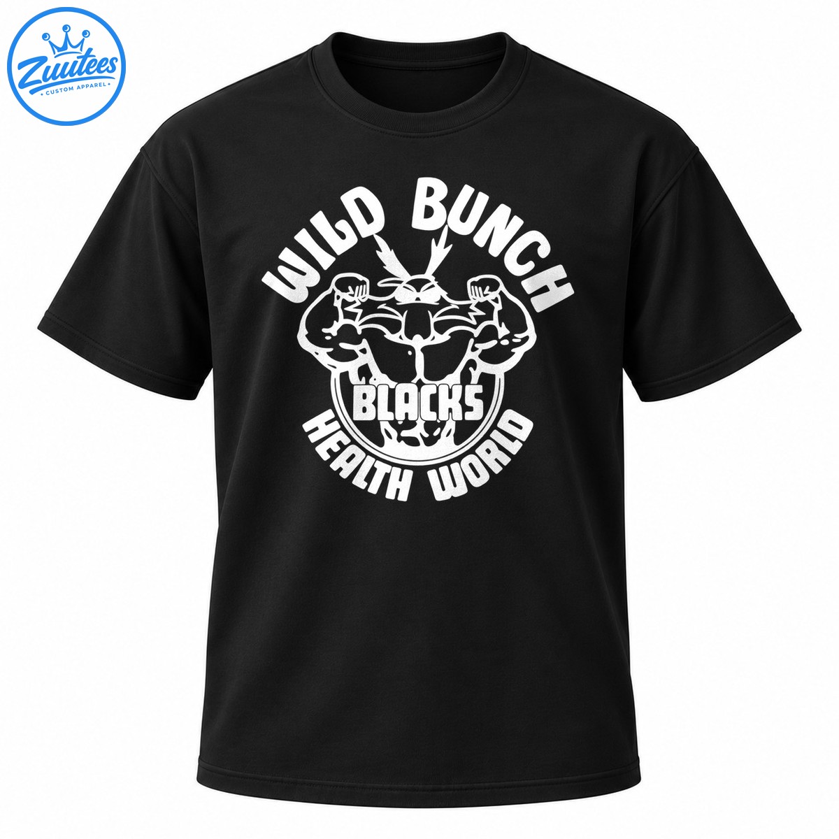 Wild Bunch Blacks Health World bodybuilding shirt with white flexing muscular character graphic and bold curved lettering Wild Bunch Blacks Health World bodybuilding shirt with white flexing muscular character graphic and bold curved lettering