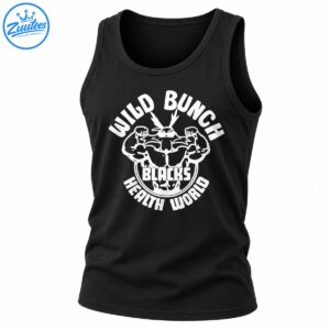 Wild Bunch Blacks Health World bodybuilding shirt with white flexing muscular character graphic and bold curved lettering
