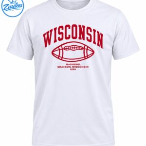 Crimson Wisconsin collegiate lettering above a football graphic with BADGERS, MADISON, WISCONSIN, and USA text