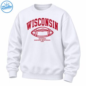 Crimson Wisconsin collegiate lettering above a football graphic with BADGERS, MADISON, WISCONSIN, and USA text