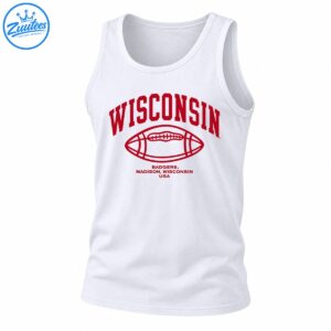 Crimson Wisconsin collegiate lettering above a football graphic with BADGERS, MADISON, WISCONSIN, and USA text