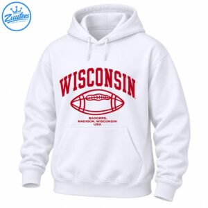 Crimson Wisconsin collegiate lettering above a football graphic with BADGERS, MADISON, WISCONSIN, and USA text