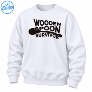 Black WOODEN SPOON SURVIVOR lettering with a large wooden spoon silhouette in a playful kitchen graphic.