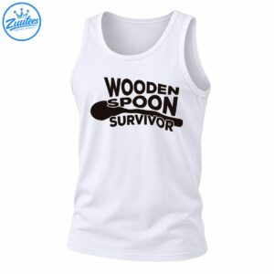 Black WOODEN SPOON SURVIVOR lettering with a large wooden spoon silhouette in a playful kitchen graphic.