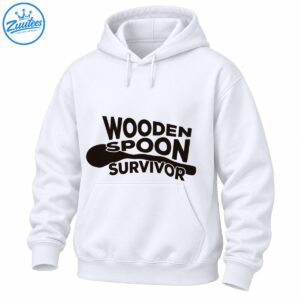 Black WOODEN SPOON SURVIVOR lettering with a large wooden spoon silhouette in a playful kitchen graphic.