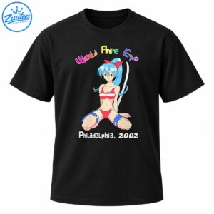 World Anime Expo Philadelphia 2002 shirt graphic with blue-haired anime girl, red bow, sword and colorful lettering