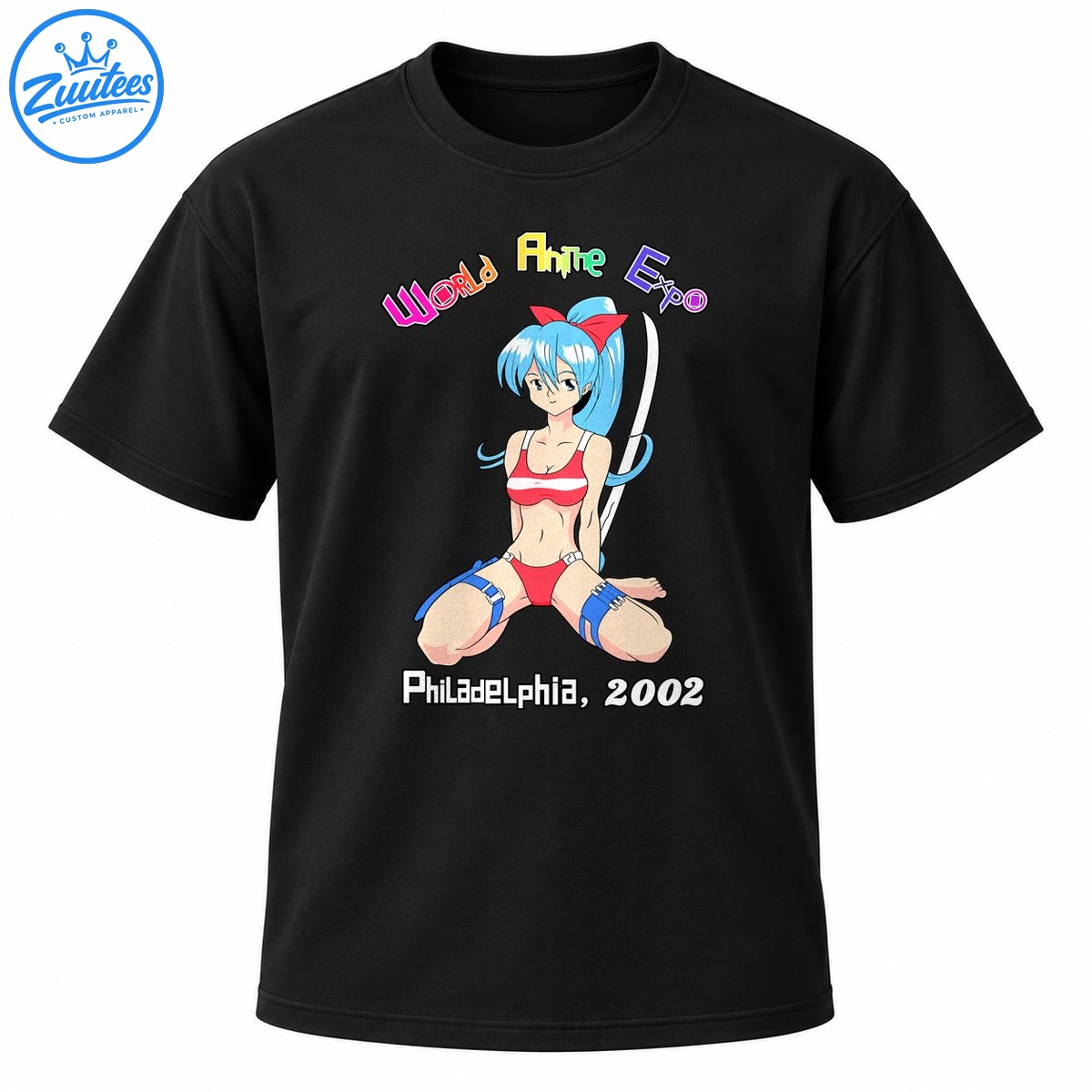 World Anime Expo Philadelphia 2002 shirt graphic with blue haired anime girl, red bow, sword and colorful lettering World Anime Expo Philadelphia 2002 shirt graphic with blue-haired anime girl, red bow, sword and colorful lettering